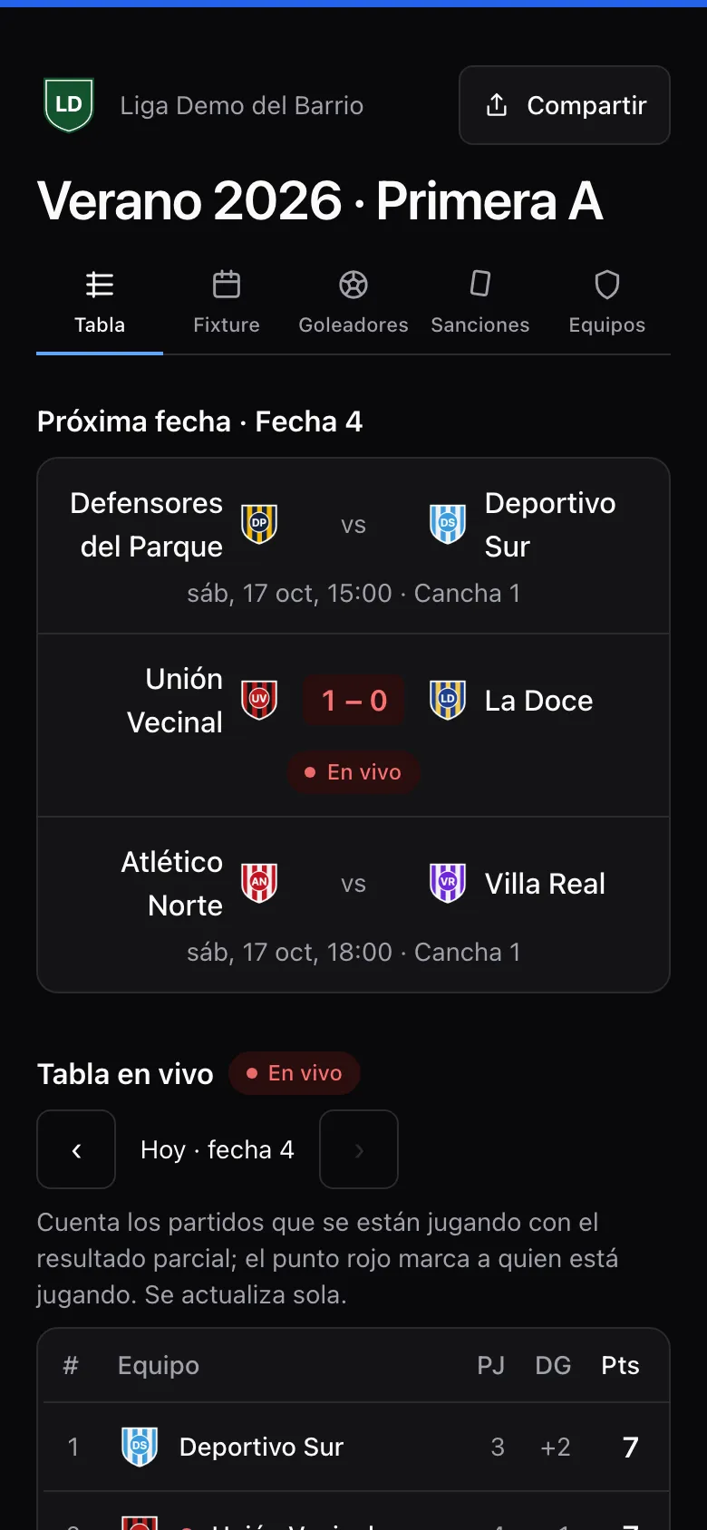 Un torneo de la liga de ejemplo en Voleazo, visto en un teléfono: el partido en vivo 1 a 0 y la tabla que ya lo cuenta.